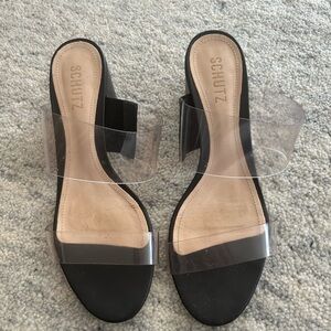 Schutz Black Sandals with Transparent Straps and Low Heel